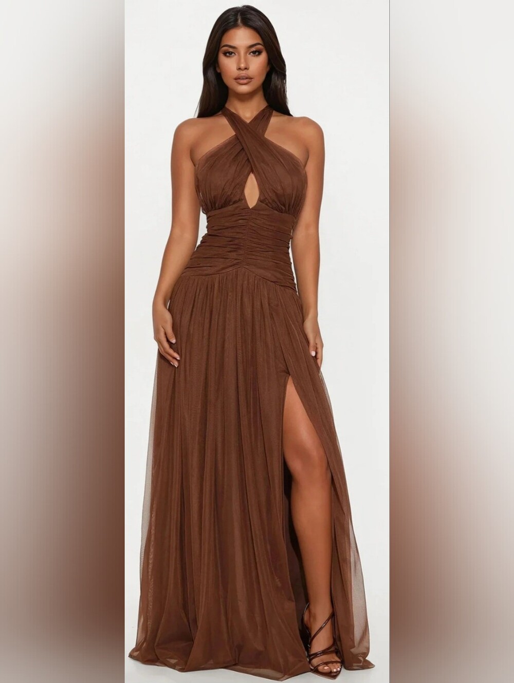 Chocolate Brown Crisscross Halter Maxi Dress